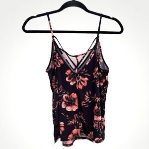 Free People Black Floral Print Strappy V-Neck Tank Top